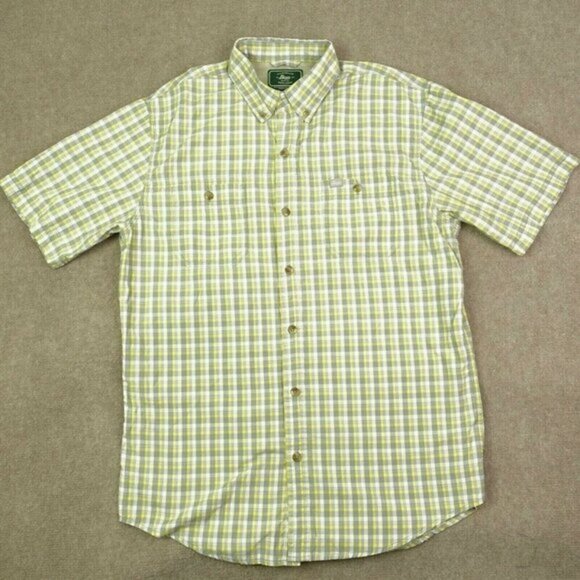 G H Bass Men's Medium Grey Yellow Plaid Short-Sleeve Button-Up Shirt Vented - Picture 1 of 6